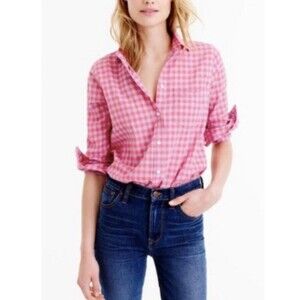 J. Crew Outlet Gingham Pink White Button Up Boy Fit Size XXS Preppy Academia Chi
